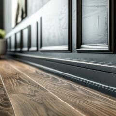 Close-up of a modern interior featuring wood flooring and a black paneled wall. A large white plant pot with a green plant sits in the background, adding a touch of nature to the sleek design.