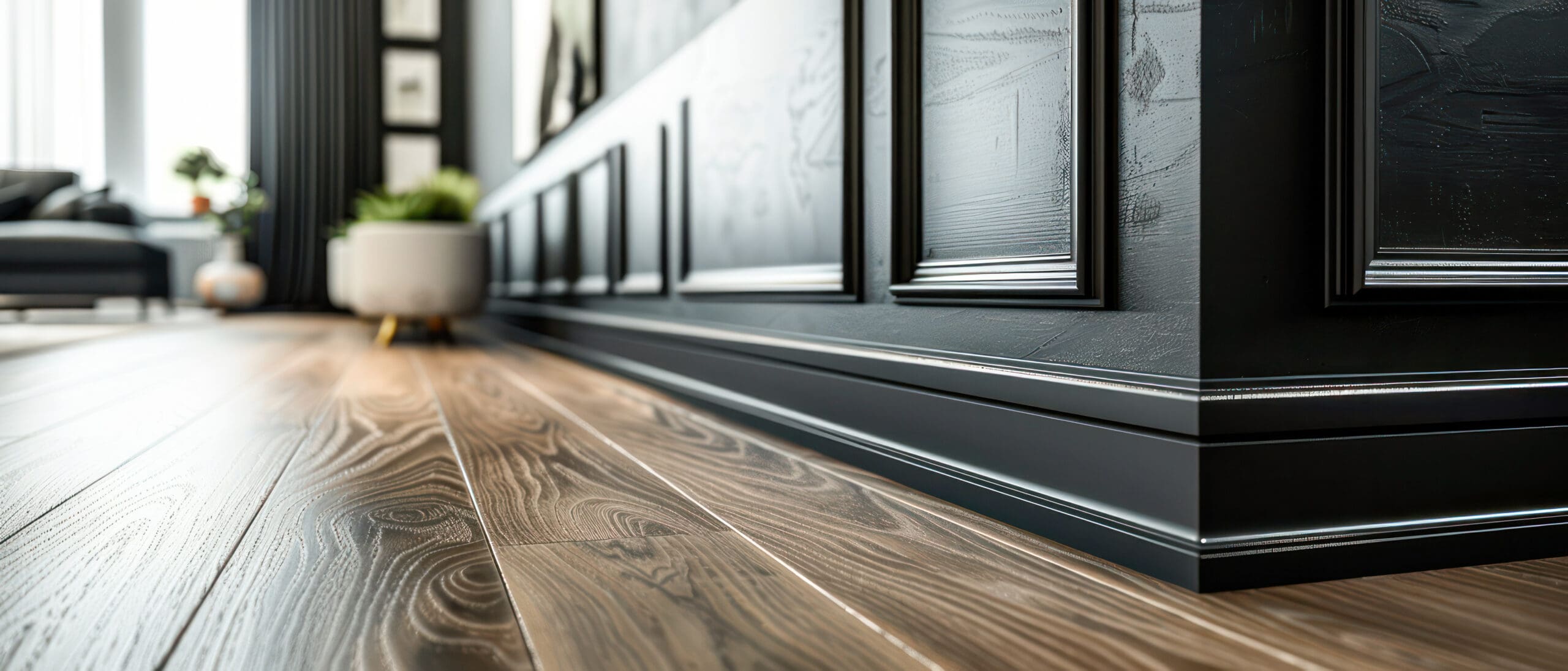 Close-up of a modern interior featuring wood flooring and a black paneled wall. A large white plant pot with a green plant sits in the background, adding a touch of nature to the sleek design.