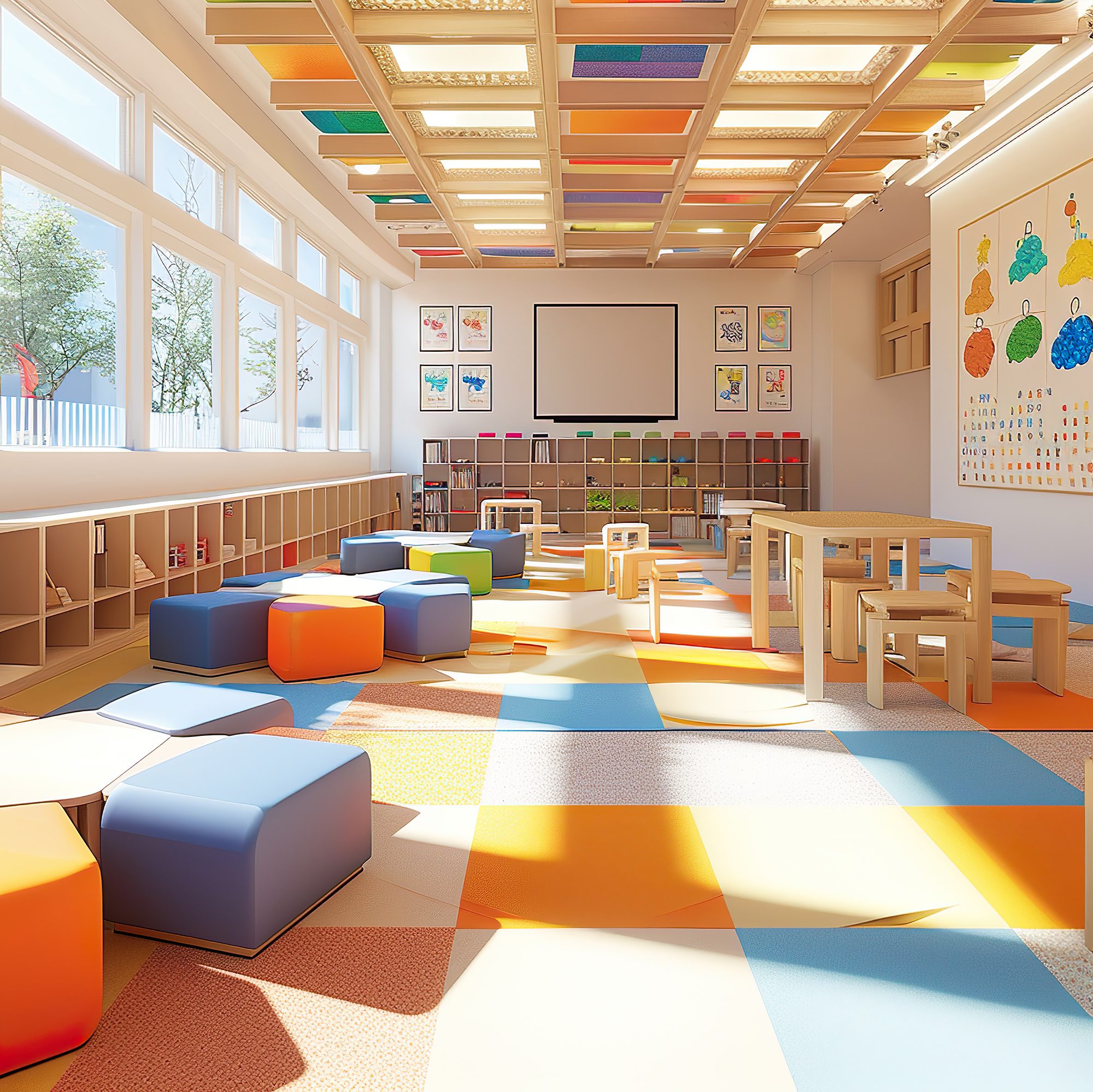 A brightly lit classroom with colorful square cushions and tables on a multi-colored floor. Large windows let in natural light. The walls have educational posters, and there are storage cubbies along one side. The room is empty and organized.