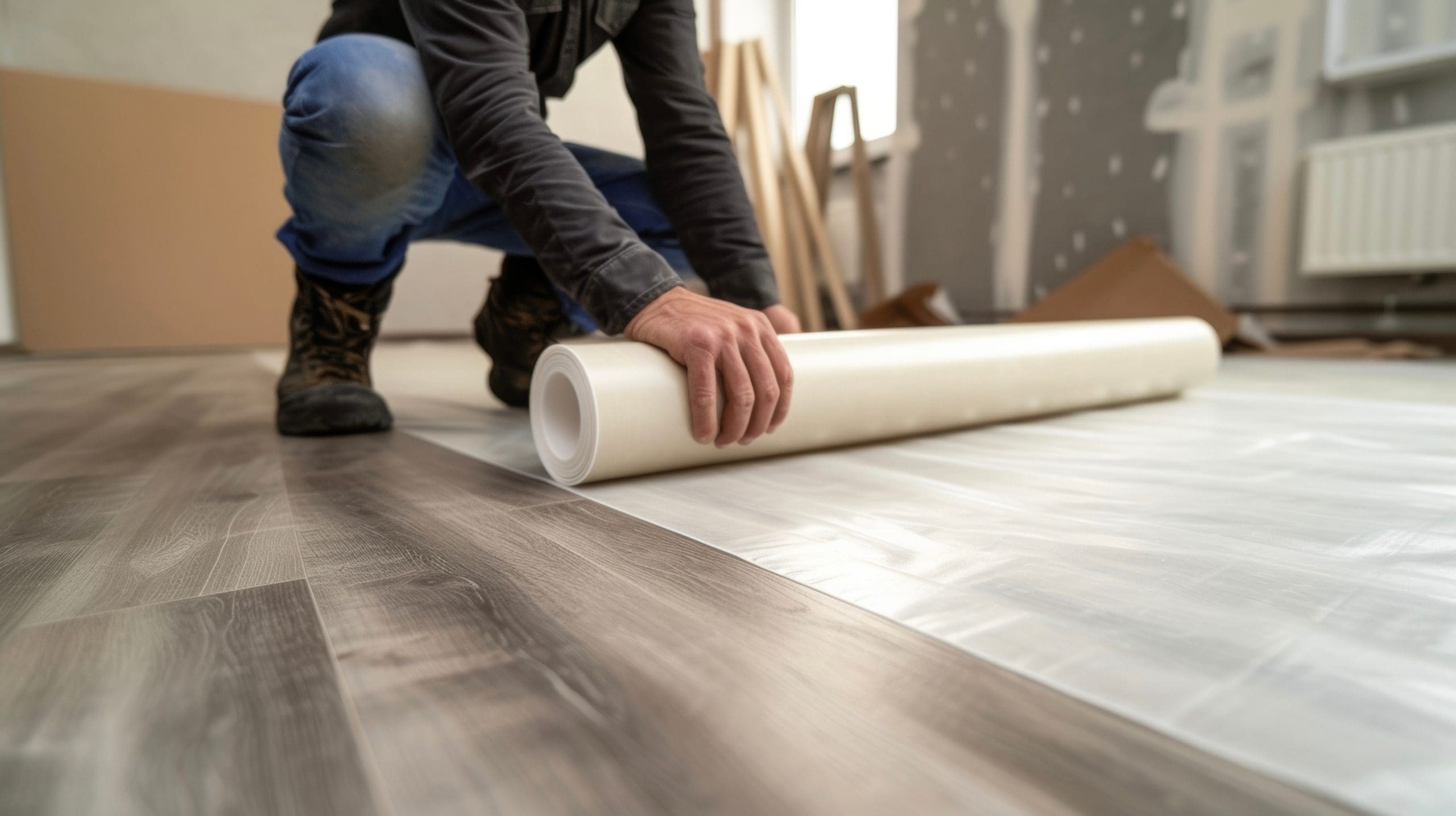 A person kneels on a floor, unrolling a sheet of underlayment for installation. The room is mid-renovation, with gray wooden flooring partially completed and walls showing exposed drywall and construction materials nearby.