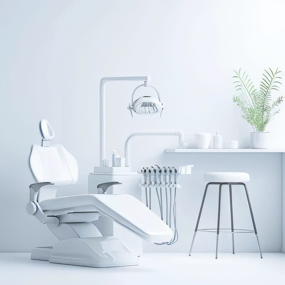 A bright, modern dental office with a white dentist's chair, overhead light, and dental equipment on a counter. A potted plant adds a touch of greenery. A stool sits beside the counter in the minimalist setting.