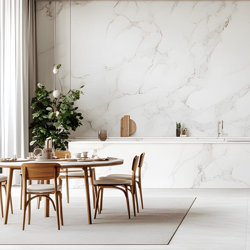 A modern dining area with a round wooden table and chairs. A large leafy plant stands by a white marble wall. Minimalist kitchen elements, including a sink and small decor items, are visible. Natural light floods the space through sheer curtains.