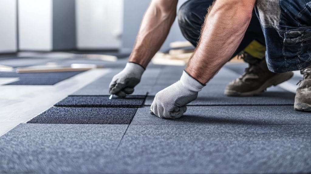 A person wearing gloves is installing dark carpet tiles on a floor. They are kneeling, using a tool to carefully position the tiles. The scene captures a close-up of the worker's hands and part of their legs.