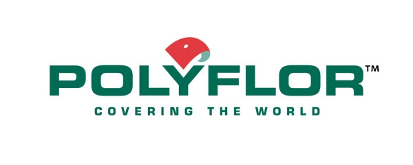 Logo of Polyflor with green text reading "POLYFLOR" and the slogan "Covering the World" underneath. Above the text is a red abstract shape resembling part of a globe.