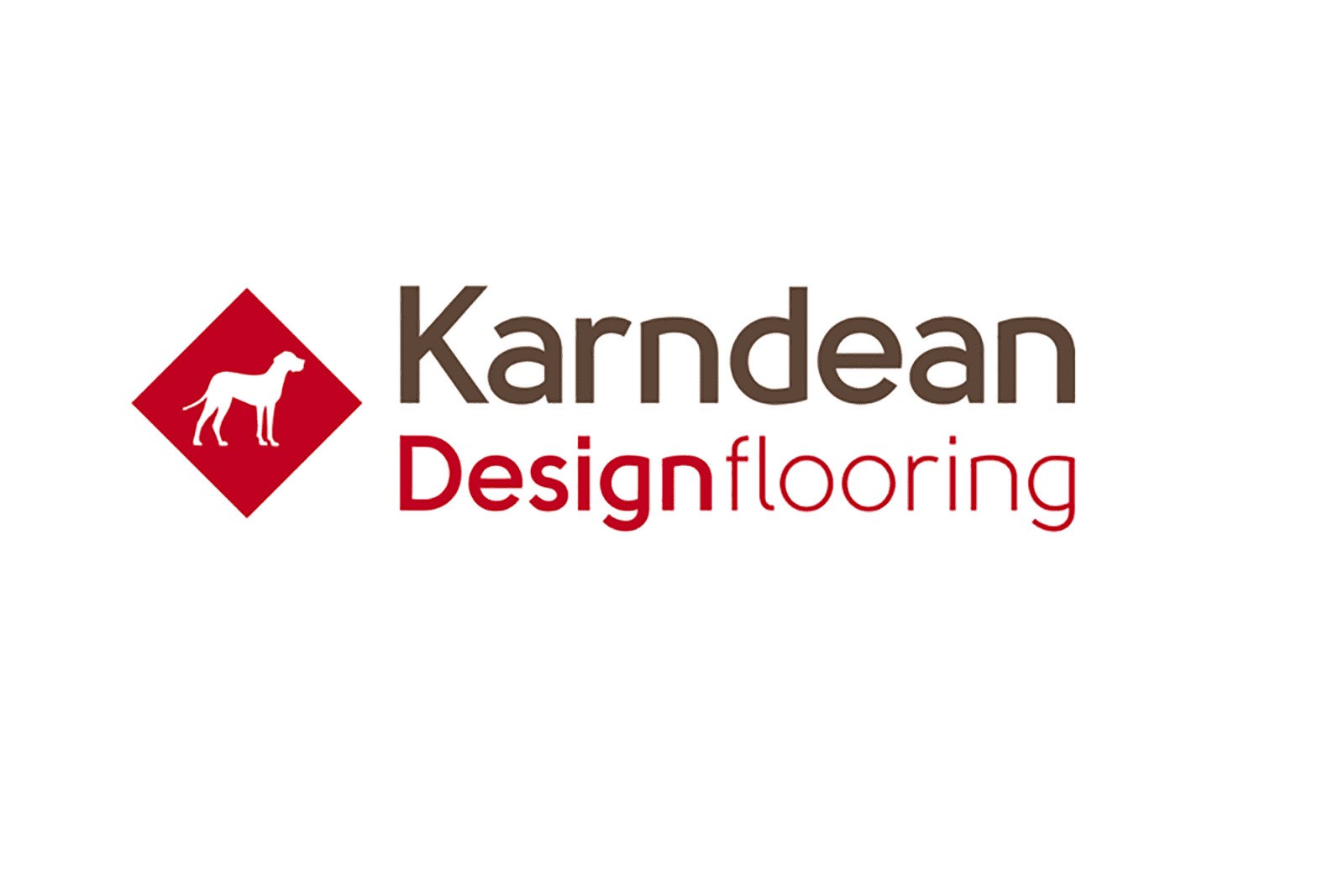 Logo of Karndean Design Flooring featuring a red diamond shape with a white dog silhouette on the left, followed by the brand name in brown and red text.